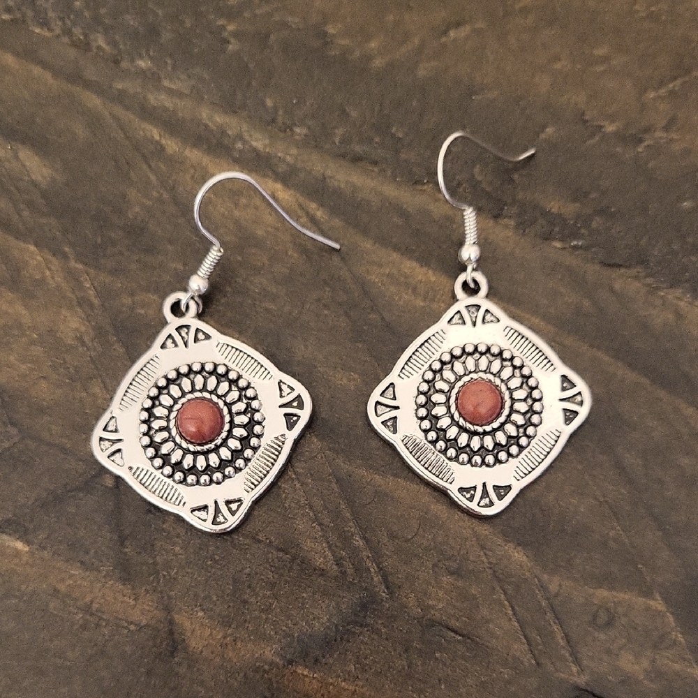 Square Texured Silver Brown Stone Dangle Pierced Earrings